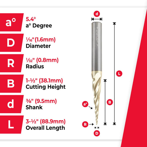 Dimensions diagram for Up Cut Spiral CNC Router Bit With ZrN Coating for 2D and 3D Carving, highlighting measurements.