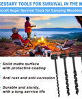Heavy Duty Hand Auger Wood Drill With Scotch Eye Design for survival bushcraft camping and outdoor woodworking with scenic campfire view.