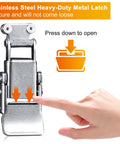 Close-up of stainless steel heavy-duty metal latch with finger pressing down, showing operation instructions.
