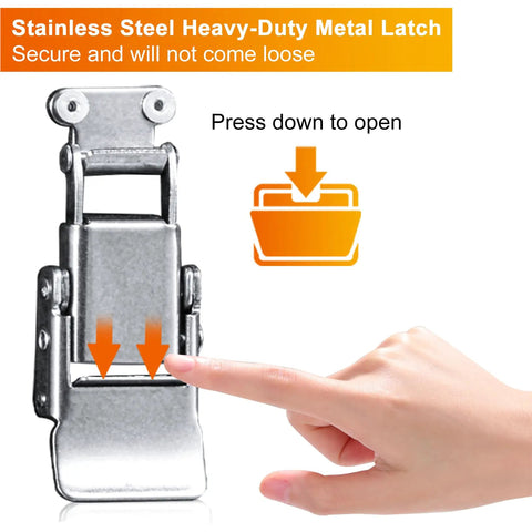 Close-up of stainless steel heavy-duty metal latch with finger pressing down, showing operation instructions.