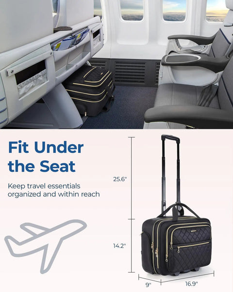 Rolling Laptop Bag For 15.6 Inch Laptop Underseat Carry On Luggage With TSA Lock in airplane cabin demonstrating fit under seat