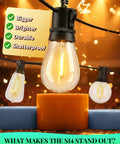 Outdoor String Lights LED Patio Lights 100Ft Waterproof Dimmable Porch Lighting With Remote Shatterproof S14 Bulbs close-up