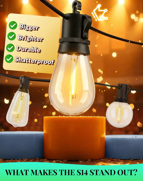 Outdoor String Lights LED Patio Lights 100Ft Waterproof Dimmable Porch Lighting With Remote Shatterproof S14 Bulbs close-up