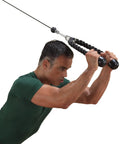 User demonstrating Heavy Duty Triceps Rope With High Carbon Steel Swivel For Press Downs Curls Crunches Kickbacks And Deltoid Raises