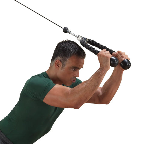 User demonstrating Heavy Duty Triceps Rope With High Carbon Steel Swivel For Press Downs Curls Crunches Kickbacks And Deltoid Raises