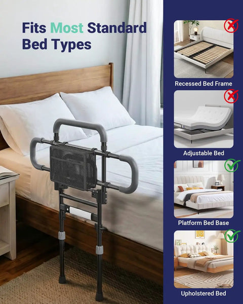 One Hand Fold Bed Rail For Seniors on platform bed, 180 Degree Folding, Adjustable Height And Width, Black Safety Guard Rail For Bedside Access