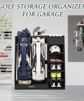 Birch Plywood Golf Bag Storage For Two Bags With 36Lb Rock Solid Organizer And 7 Shelf Command Center Plus Artificial Turf 12 Ball Display No Wall Mounting Needed Black in garage setting.