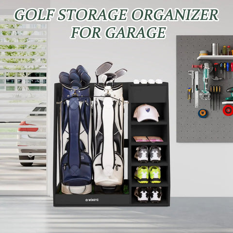 Birch Plywood Golf Bag Storage For Two Bags With 36Lb Rock Solid Organizer And 7 Shelf Command Center Plus Artificial Turf 12 Ball Display No Wall Mounting Needed Black in garage setting.