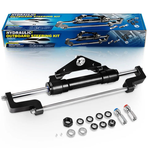 Beefy Front Mount Hydraulic Outboard Steering Cylinder Handles Up To Three Hundred Fifty Horsepower Engines With Ease For Single Twin And Triple Setups On Center Console Boats, displayed with installation components