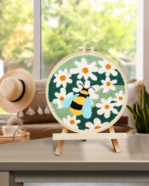 Punch Needle Kits For Adults And Beginner Friendly Diy Embroidery Set With 7.8 Inch Hoop, bee and flower pattern in progress.
