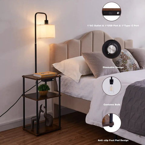 Floor Lamp With Table And USB C Charging Station Rustic End Table Lamp With Shelves beside bed in bedroom setup
