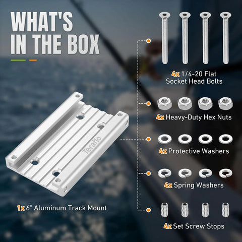 Heavy Duty Boat Track System 6 Inch Aluminum Track Mount for marine deck hardware, shown with bolts, nuts, washers, and set screws