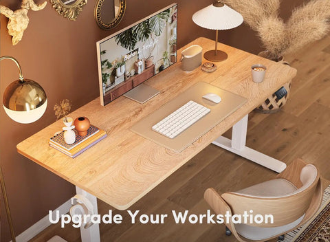 Fezibo Electric Height Adjustable Standing Desk 48 X 24 Inches Sit Stand Workstation With Solid Maple Finish, modern home office setup.
