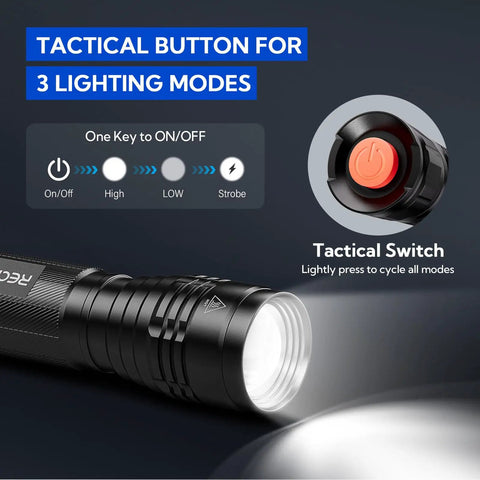 S2000 LED Flashlight Ultra Bright Mid Size Tactical Torch With Zoom 3 Modes Water Resistant, focus on tactical switch and lighting modes