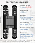 Image of Hidden Door Hinge Set for Concealed Installations, Six Inch Two-Piece Hinges, black finish, with specifications and instructions.