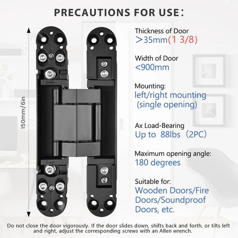Image of Hidden Door Hinge Set for Concealed Installations, Six Inch Two-Piece Hinges, black finish, with specifications and instructions.