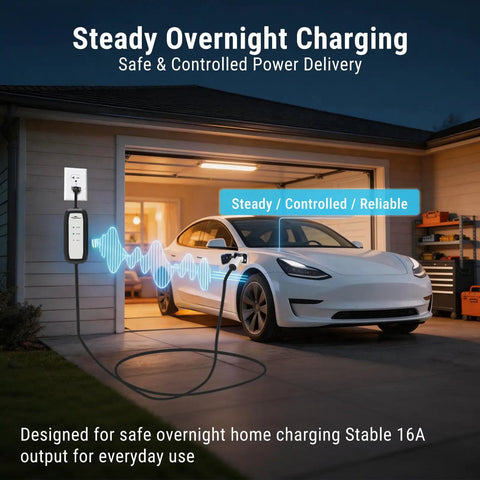 Portable Level 1 And Level 2 EV Charger charging electric car overnight in garage, 16 Amp 110V/240V with NEMA adapters visible
