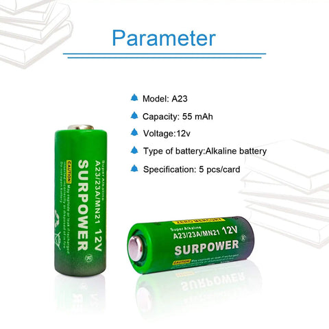 Long Lasting 12 Volt A23 23A Alkaline Batteries 5 Pack For Remote Controls Key Fobs Alarm Sensors And Toys on white background
