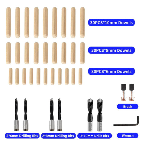 30 wood dowels in 10mm, 8mm, and 6mm sizes with two drill bits, wrench, and brush for Dual Spindle Doweling Jointer Heavy Duty Workhorse With Precision Rack And Pinion For Dead On Accuracy Variable Depth Up To 38mm Includes 10mm 8mm 6mm Drill Bits Plus Ninety Wood Dowels For Smooth Pro Level Joints With Zero Sweat Setup.