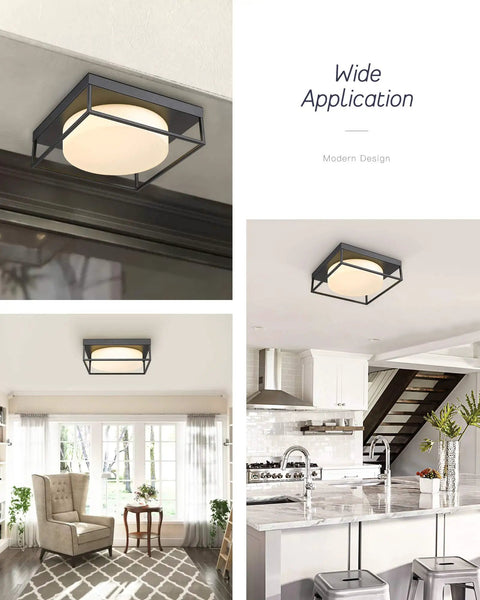 Black Square Flush Mount Ceiling Light With Frosted Glass Shade 12 Inch Slick Modern LED Fixture 24W 950LM Dimmable 3000K Warm White
