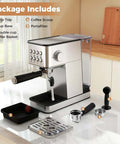 20 Bar Espresso Machine With Milk Frother Compact Stainless Steel Coffee Maker 57 Ounce Removable Water Tank on a kitchen counter