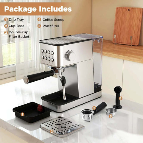 20 Bar Espresso Machine With Milk Frother Compact Stainless Steel Coffee Maker 57 Ounce Removable Water Tank on a kitchen counter