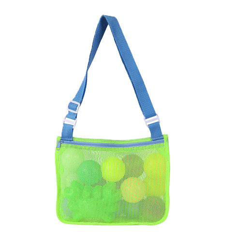 Colorful Mesh Beach Tote For Kids, Adjustable Quick Dry Net Bag For Seashell Collecting in Bright Green and Royal Blue