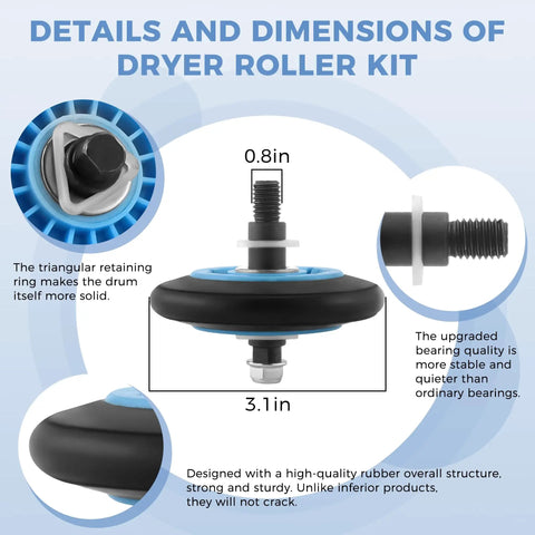 Samsung Dryer Repair Kit With DC97-16782A Drum Roller dimensions and details with blue rubber parts and measurements