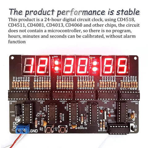 6 Digit DIY Digital Clock Kit For Soldering Practice, DC 4.5V To 5.5V Circuit Board, No Microcontroller, assembled clock display