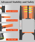 Heavy Duty Telescoping Ladder 16.5 Foot Aluminum Extension Climb Rig featuring snappy lock pins and non slip treads details for safety.