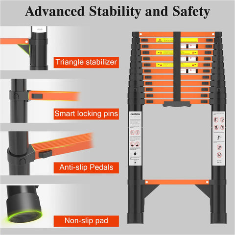 Heavy Duty Telescoping Ladder 16.5 Foot Aluminum Extension Climb Rig featuring snappy lock pins and non slip treads details for safety.