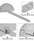 Hefty Stainless Steel Angle Protractor And 0 To 180 Degree Round Head Finder Measuring Ruler with precision scale and adjustable screw.