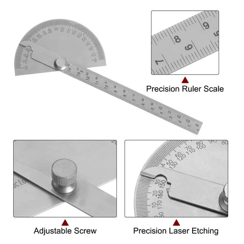 Hefty Stainless Steel Angle Protractor And 0 To 180 Degree Round Head Finder Measuring Ruler with precision scale and adjustable screw.