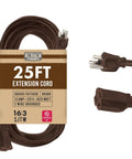 Brown Outdoor Extension Cord 25 Ft Heavy Duty 16/3 With 3 Prong Grounded Plug Weatherproof Exterior Cable 13 Amp