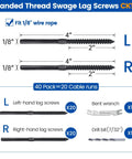Diagram showing 60 Pack Black 1/8 Inch Cable Railing Hardware Kit With Swage Lag Screws Left And Right Handed Thread for Wood Posts, including measurements and components.