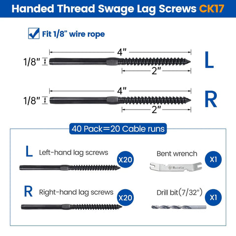 Diagram showing 60 Pack Black 1/8 Inch Cable Railing Hardware Kit With Swage Lag Screws Left And Right Handed Thread for Wood Posts, including measurements and components.