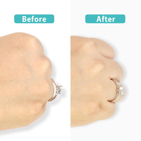 Comparison of before and after using Low Profile Ring Size Adjuster For Loose Thin Rings 1mm To 4mm Fits Women Virtually Invisible TPU Sizer That Works With Big Knuckles Transparent And Discreet Includes Jewelry Polishing Cloth on a hand.