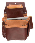 Front view of 3 Pouch Pro Fastener Bag For Carpenters with 9 Pockets, Durable Leather, Cafe Color, Made In USA, Tool Bag For Layout Tools