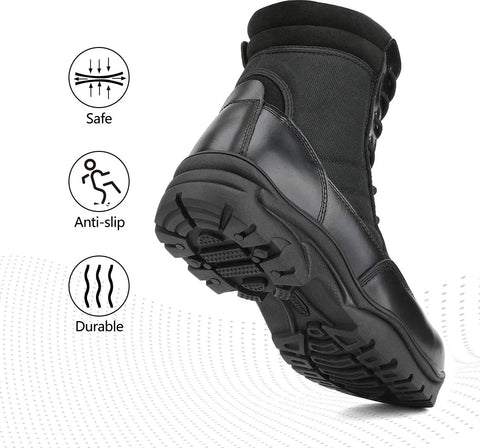Side view of Mens Heavy Duty Steel Toe Work Boots For Construction And Industrial Safety emphasizing slip-resistant sole features.