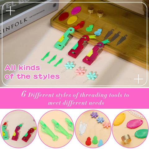 All in One Needle Threader Set For Hand Sewing And Embroidery With 20 Pieces, Six Types With Three Each Plus Two Thimbles