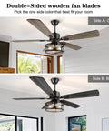 52 Inch Dope Farmhouse Ceiling Fan With Lights And Remote, Rustic Caged Light Fixture, dual wood tone blades, grey and black
