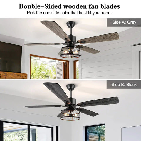52 Inch Dope Farmhouse Ceiling Fan With Lights And Remote, Rustic Caged Light Fixture, dual wood tone blades, grey and black