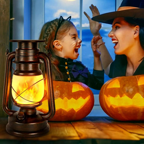 Outdoor Solar Lanterns With Flicker Flame LED, Waterproof Vintage Style Hanging Lanterns on table with Halloween pumpkins