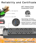 Workhorse Heavy Duty Surge Protector Power Strip With 6 Foot Extension Cord And 10 Outlets Plus 4 USB Ports And USB C Port, ETL Listed