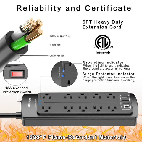 Workhorse Heavy Duty Surge Protector Power Strip With 6 Foot Extension Cord And 10 Outlets Plus 4 USB Ports And USB C Port, ETL Listed
