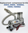 Heavy Duty 12V Air Compressor Kit For Train Horns And Air Ride Suspension, 444 CFM 120 PSI Portable Replacement For Air Lift 16092 16192, Beefy Chrome Build, close-up view showing compressor and hose.