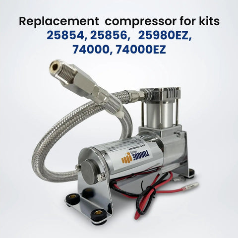 Heavy Duty 12V Air Compressor Kit For Train Horns And Air Ride Suspension, 444 CFM 120 PSI Portable Replacement For Air Lift 16092 16192, Beefy Chrome Build, close-up view showing compressor and hose.