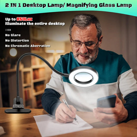 Man using 10X Lighted Magnifying Glass With Clip On Mount 48 LED Desk Magnifier With Clamp 3 Modes Dimmable LED Lamp for reading at desk