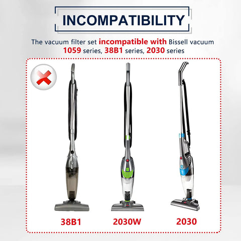Image showing Bissell vacuum models 38B1, 2030W, 2030 listed as incompatible with Featherweight Replacement Filters Compatible With Bissell Featherweight Stick Lightweight Bagless Vacuum 2033 2033M 20331 20333 20334 20336 20339 4 Pack No Fuss Fit Easy Install.
