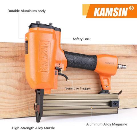 Real Deal 16 Gauge Pneumatic Brad Nailer With Side Load Magazine And Rugged Aluminum Body Working Smooth As Oil For Quick Pin Nailing And Clean Finish Carpentry On Busy Job Sites